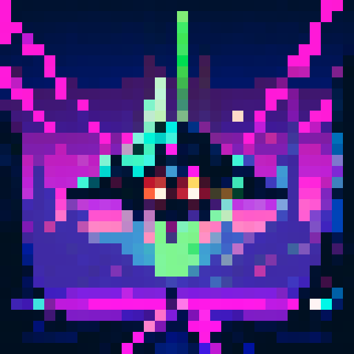 Pixelated spaceship, neon-colored laser beams, alien creatures with glowing eyes, futuristic cityscape, vibrant cosmic explosions