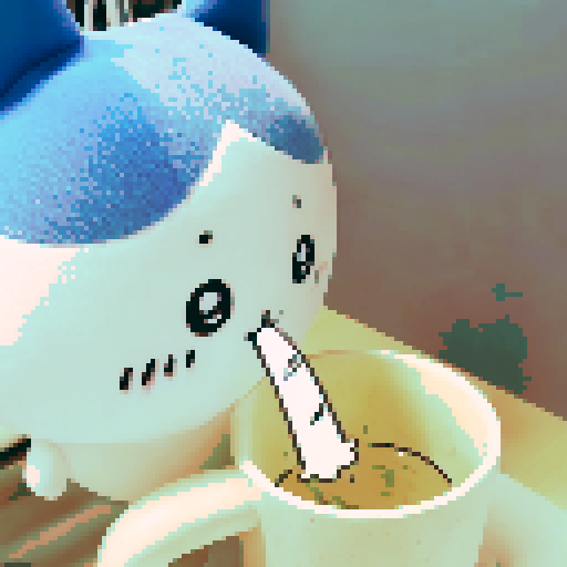 cartoon rabbit with blue ears, character portrait, close up, anime style, pixel art, vibrant colors, expressive eyes, detailed fur texture