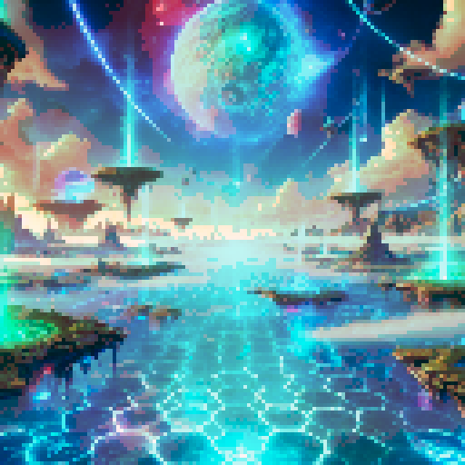 A surreal, alien battlefield with a glowing crystalline floor. Floating islands, alien plants, and cosmic energy streams frame the environment, evoking the birth of a new world.