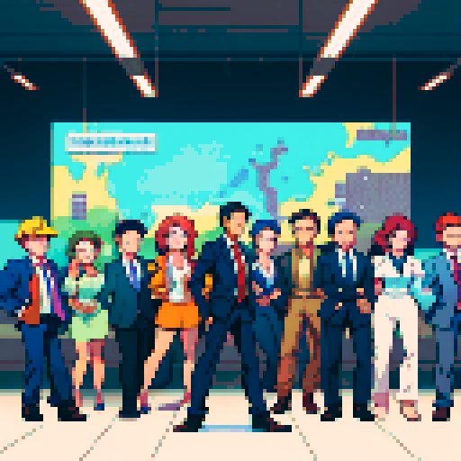 Image, pixel art style, that is like a form of representation of the participation of workers in a company. Workers can have suits or normal clothes but not casual ones. Whatever, but it represents the participation of workers in a company