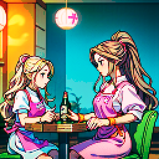 A nail tech with long blonde hair wearing a pink apron and a girl with brown hair sitting and facing each other at a table in a nail salon. Nail polish bottles and UV lamps