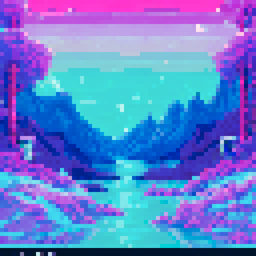 billowing northern lights reflected in a frozen river between high mountains over icy tundra and pines neon blue and pink with dark colors too