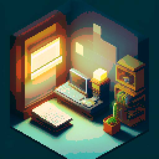 pixelated computer monitor, cluttered desk with stacks of papers, retro office chair, vintage typewriter, neon sign flickering "work hard", coffee mug with pencil sticking out, window with city skyline, fluorescent lights, filing cabinet with open drawers, sticky notes covering the walls, pixelated co-workers chatting by the water cooler, pixel art motivational posters