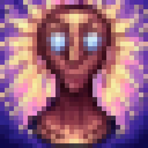 Smiling blue alien with oversized eyes in a close-up portrait, depicted in skillful 32x32 pixel art with a game icon style and vibrant sRGB hues. 