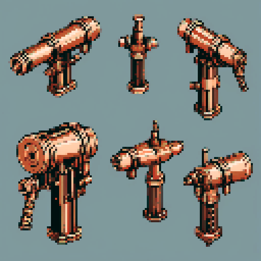 I want a tall vertical copper structure reminiscent of a minigun's barrel. It should have strange mechanical details that could interlock with each other. I also want this object usable an asset in a videogame, meaning only one object per image, outlined with a strong black stroke, on a solid-color background.