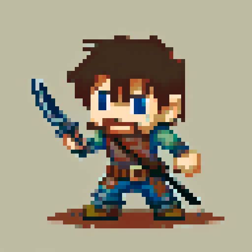 Create a 2D pixel art character for a post-apocalyptic game with a decay theme. The player is a rugged survivor, dressed in tattered clothes and worn-out armor, showing signs of exposure to a decaying world. The character wields makeshift weapons like a rusted blade or a crude gun. The color palette should include muted, earthy tones to emphasize the decay theme.