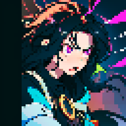 long-haired man, disheveled appearance, wide-eyed, frenetic energy, flushed cheeks, erratic movements, twitching, dilated pupils, sleep-deprived, dark circles under eyes, animated expressions, exaggerated hand gestures, vibrant colors, jagged edges, pixelated representation, 8-bit aesthetic, retro-inspired, sRGB color palette