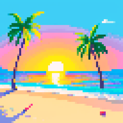 Palm trees swaying in the warm breeze, crystal clear ocean water lapping at the sandy shore, and a sunrise with the sun halfway behind the horizon.