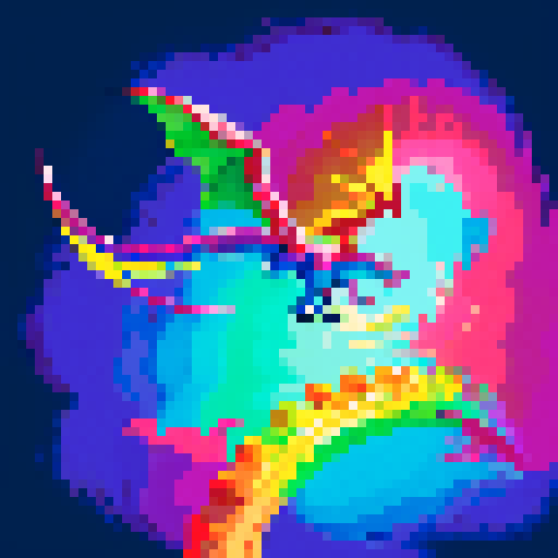 Dragon rider soaring through a vibrant, pixelated sky, with scales shimmering in a rainbow of sRGB colors
