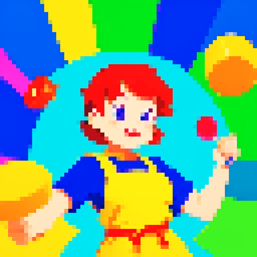 Cute, vibrant, playful chef, apron, appears to be juggling utensils but no utensils are in shot, pixel art, colorful, character facing forward as if looking at the camera, character looking up to the ceiling concentrating on juggling, no background, sRGB