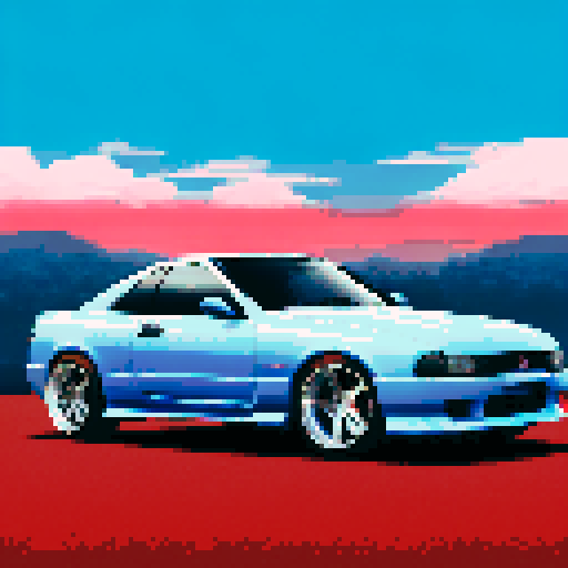 Photorealistic whole Nissan Silvia, three-quarter view, right front wheel, clean background, sRGB colors, pixel art style