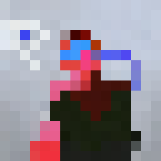 Rick Astley's beaming smile and tousled hair framed by vibrant, neon pink and blue pixels, resembling a 16x16 game icon in a retro pixel art style