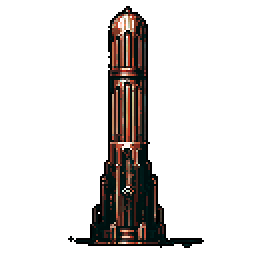 I want a tall vertical copper structure reminiscent of a organ pipe. It should have strange mechanical details that could interlock with each other. I also want this object usable an asset in a videogame, meaning only one object per image, outlined with a strong black stroke, on a solid-color background.