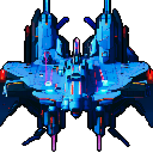 space battleship, sleek and angular, glowing blue propulsion engines, futuristic design, metallic hull with rivets, pixelated details, vibrant colors, starry background, shooting laser beams, intense action, dynamic composition, long desk, long ship