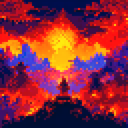 Hero standing tall amidst a fiery landscape, with pixelated flames flickering in the background and a horde of defeated monsters at their feet