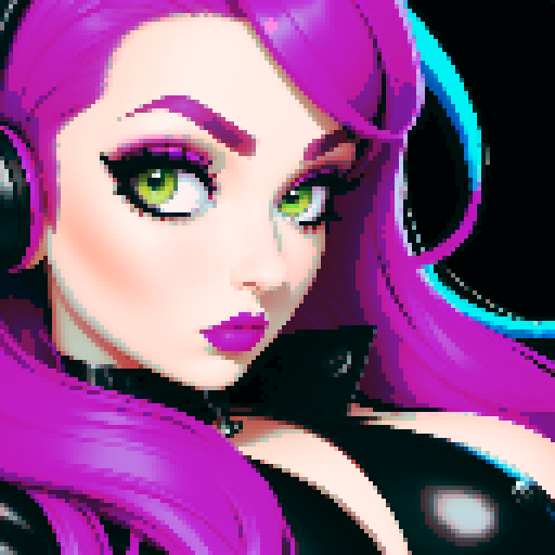 curvy, busty goth girl, whole head portrait, face portrait, close up, glamour shot, leather bikini, modern tile backsplash, vivid colors, pixel art, sRGB