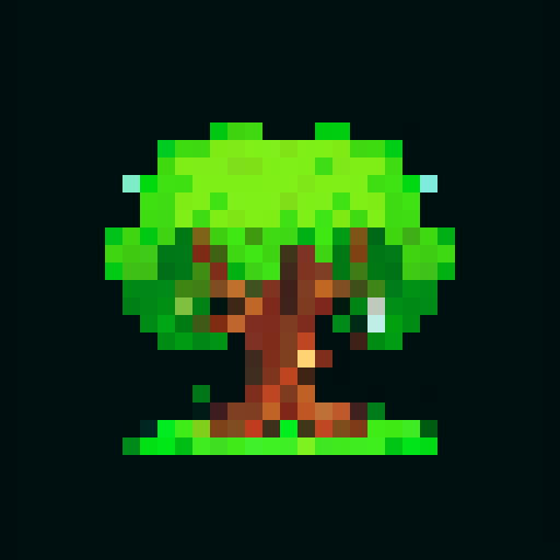 medium-sized, vigilant Grove Guardian with smooth bark, vibrant green leaves, sturdy trunk, protective vines, glowing blue eyes radiating calm and watchfulness, alert and determined expression, flowering plants growing along limbs, pixel art, sRGB