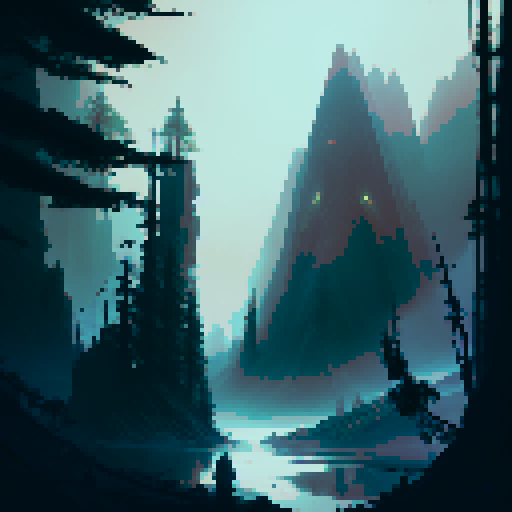 dark, mist-covered trees looming over a murky, winding river, with moss-covered rocks and twisted roots, all set in a fantasy RPG world