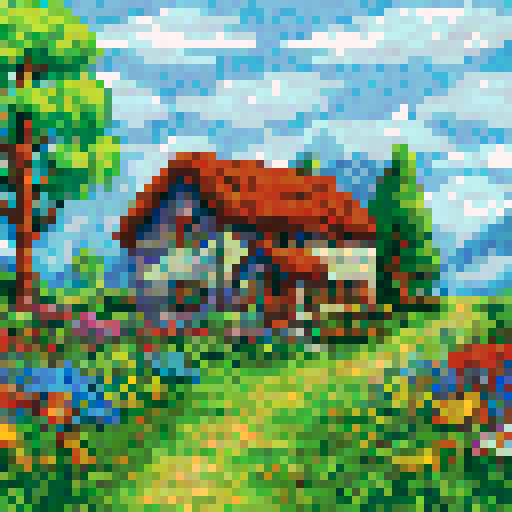 a cottage with a wildflower garden pixel art cross stitch pattern muted colors