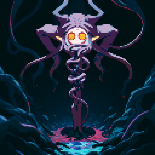 eldritch being, tentacles writhing, full body floating, brain pulsating, many eyes staring, eyeballs bulging, no humans, monsyer, sRGB pixel art