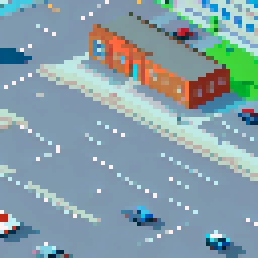 Empty parking lot with houses and buildings surrounding
