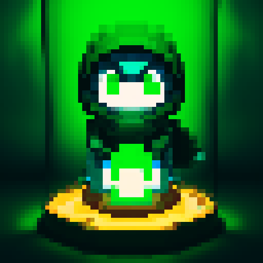 alchemist with green eyes, cloaked hood, mixing glass containers, glowing and bubbling liquid, pixel art, sRGB