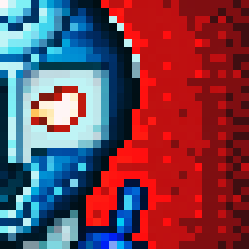 Blue and silver humanoid robot with a red visor, its skeletal form emphasized through skillful 32x32 pixel art in a close-up portrait style reminiscent of a game icon.