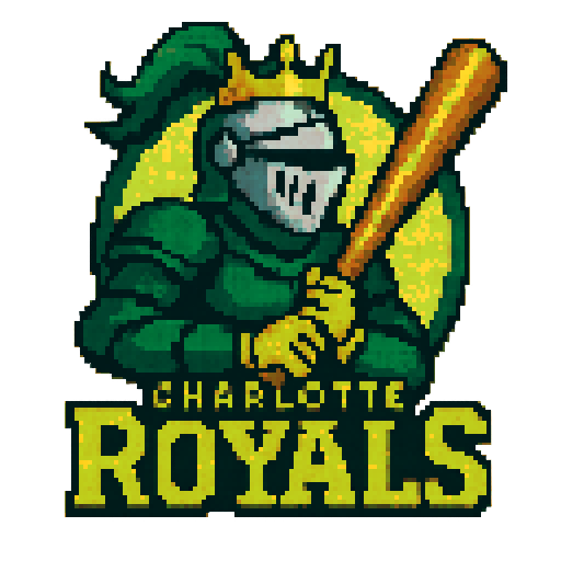 Pixel art of a fictional baseball team called the Charlotte Royals.  The mascot is a knight. green, yellow, and light gray, sharp outlines, and soft pixel shading. The logo design mimics 80s MLB logos. Use a vibrant Sega Genesis 16-bit style with selective dithering, geometric forms, and nostalgic retro charm. Avoid modern gradients—keep it pure pixel art.