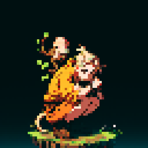wooden monkey, squatting on the ground, holding a branch, mechanical features, pixel art, sRGB