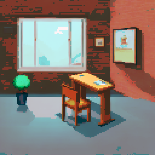 Cozy autumn lecture hall, warm earth tones, pixel art, sRGB, elegant background, bookshelves, wooden desks, vintage chalkboard, soft lighting, falling leaves, serene landscape, quiet study atmosphere