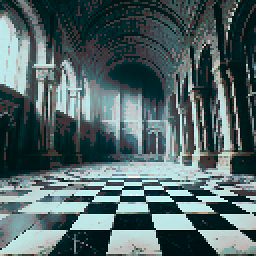 A realistic chessboard battleground with a black-and-white checkered floor, tilted upward for depth and perspective. The chessboard is empty, showing an uninterrupted checkered pattern. It is set in a grand stone marble room resembling a medieval castle, with detailed stone walls, arched openings, and atmospheric lighting. The scene conveys grandeur, mystery, and realism.