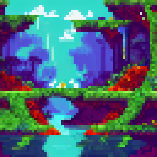 Underground river flowing through a glowing, moss-covered cave system with towering stalactites and stalagmites in a fantastical pixel art landscape