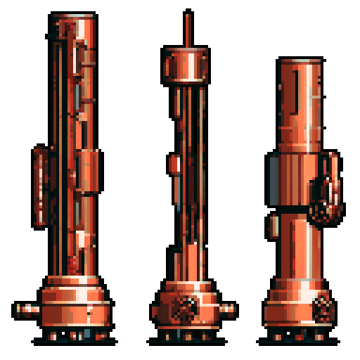 I want a tall vertical copper structure reminiscent of a minigun's barrel. It should have strange mechanical details that could interlock with each other. I also want this object usable an asset in a videogame, meaning only one object per image, outlined with a strong black stroke, on a solid-color background.