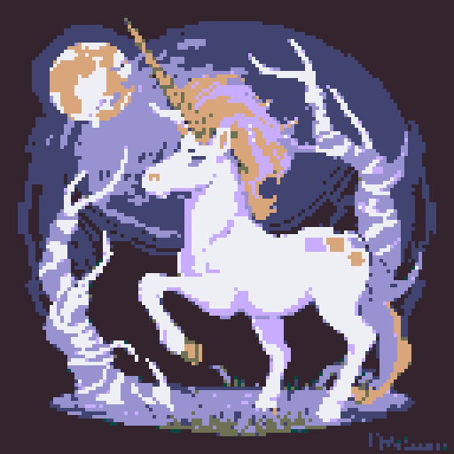 mystic druid wild woman unicorn faun hybrid bathed in moonlight, with a playful demeanor, cloven hooves, showcasing its full body in pixel art style with vibrant sRGB colors