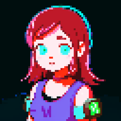 lovely young girl with vibrant pink hair, standing in a desolate, post-apocalyptic cityscape with crumbling buildings and flickering neon signs