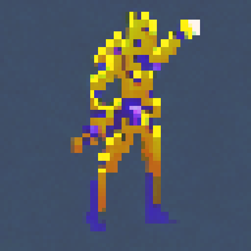 Golden knight, clad in futuristic armor, dashes through a bustling neon city, his glowing sword slicing through the air and leaving a trail of pixelated debris in his wake, all rendered in stunning pixel art and centered in frame.