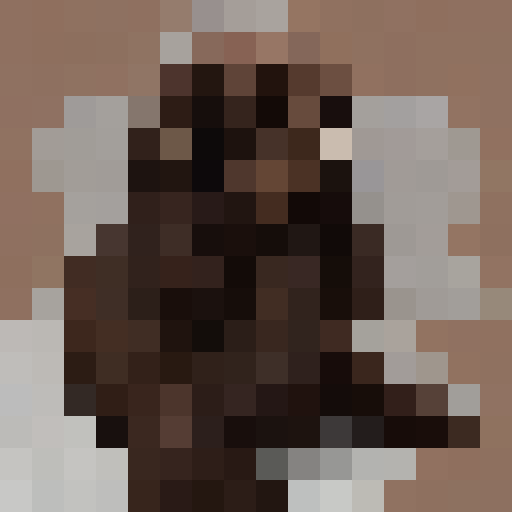 chocolate American Cocker Spaniel sitting, playful expression, docked tail, shiny fur, expressive eyes, wagging tail, slightly lifted ears, game icon, 16x16, pixel art, close up, portrait