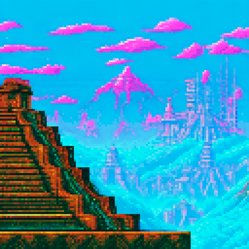 technological Aztec Style Ziggurat, shimmering in neon hues, surrounded by frozen waters reflecting the pixel art skyline
