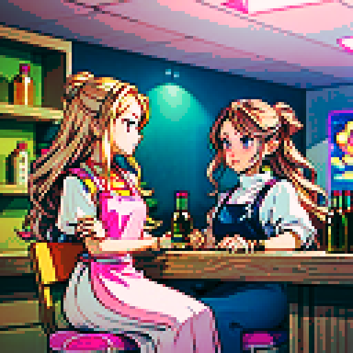 A nail tech with long blonde hair wearing a pink apron and a girl with brown hair sitting and facing each other in a nail salon. Nail polish bottles and UV lamps