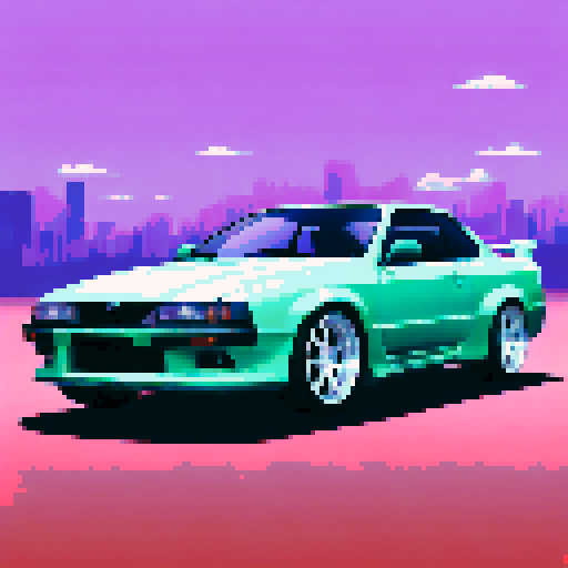 Photorealistic whole Nissan Silvia, three-quarter view, right front wheel, clean background, sRGB colors, pixel art style