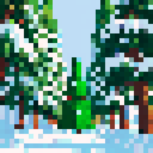 snow-covered evergreen trees, towering and majestic, rendered in vibrant pixel art with a color palette inspired by the sRGB color space