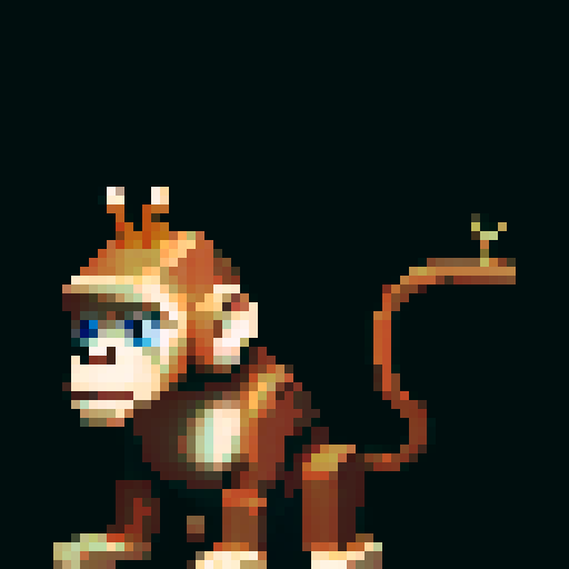 wooden, mechanical animal sculpture; monkey with branch; sitting on floor; tilted head; looking at camera; white background; Jean-Baptiste Monge style; pixel art, sRGB