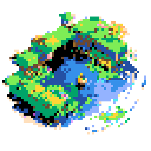 yellow duck in a pond, surrounded by lush greenery and reflecting sunlight in a serene pond with shimmering ripples and pixelated waves, creating a tranquil atmosphere in a picturesque landscape with vibrant colors using intricate pixel art in the sRGB palette