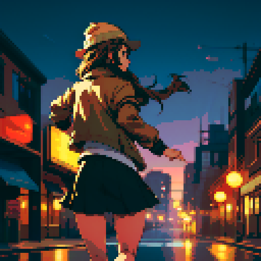 Night city street light background, young girl, brown jacket, beige hat, running, turn back, view from the back