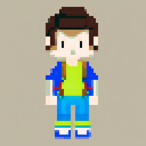 A single sprite of a young boy with a backpack on, pixel art, facing the camera, with a plain expression. His eyes are blue and his hair is brown. His backpack is red. He's wearing green hiking pants with brown shoes. He is standing in front of a plain white wall.