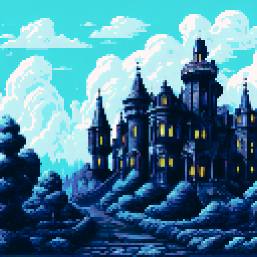 Haunted mansion, looming atop a hill, with a winding cobblestone pathway leading to its entrance, under a pitch black night sky filled with ominous thunderclouds and sporadic bursts of lightning, all depicted in vivid pixel art, showcasing the eerie sRGB color palette, creating a haunting background landscape