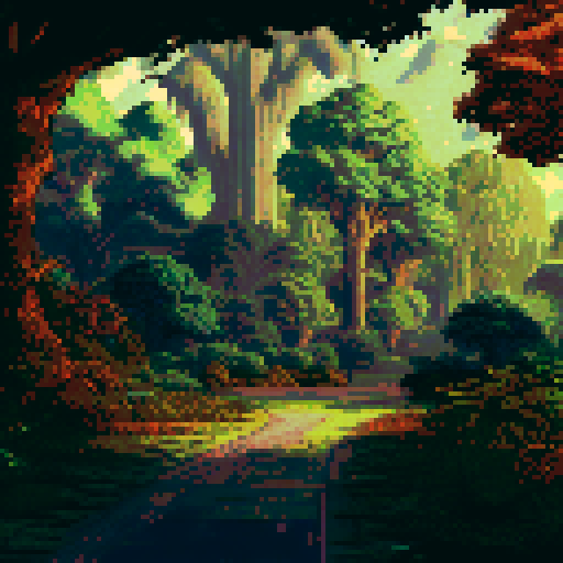 tall, towering, majestic trees, vibrant colors, dense foliage, pixelated leaves, sRGB palette, intricate branches, serene background, sprawling landscape