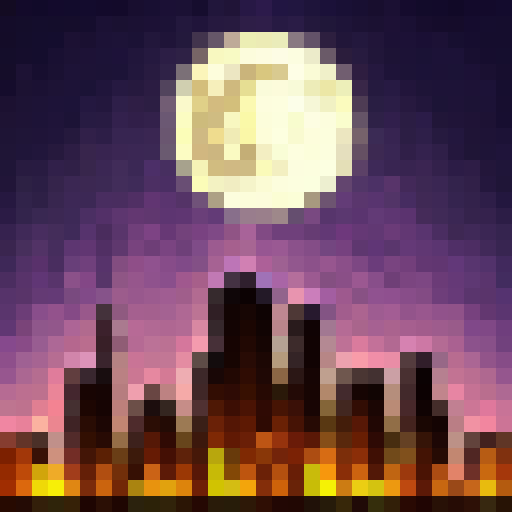 Full moon casting eerie shadows on abandoned cityscape, with twisted metal and broken glass reflecting its pale glow, all rendered in a 32x32 skill art style.