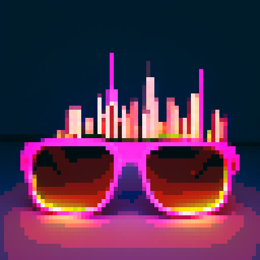 Neon pink and blue sunglasses with pixelated frames and a retro design, reflecting the city skyline at night, neutral perspective, medium shot