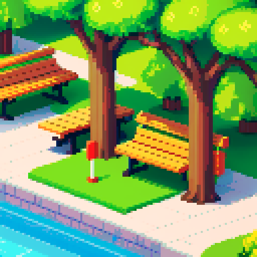 pixel city park background, with benches, repeatable